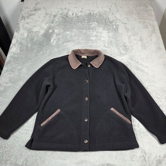 Vintage LL Bean Jacket Womens Large Black Fleece Cord Trim Barn Chore Shacket 90 - Picture 2 of 8